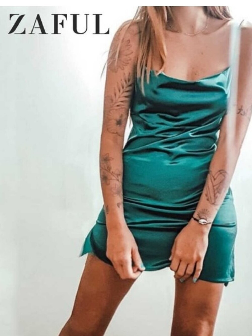 ZAYFUL Emerald Green Satin Slip Cami Mini Dress Size S